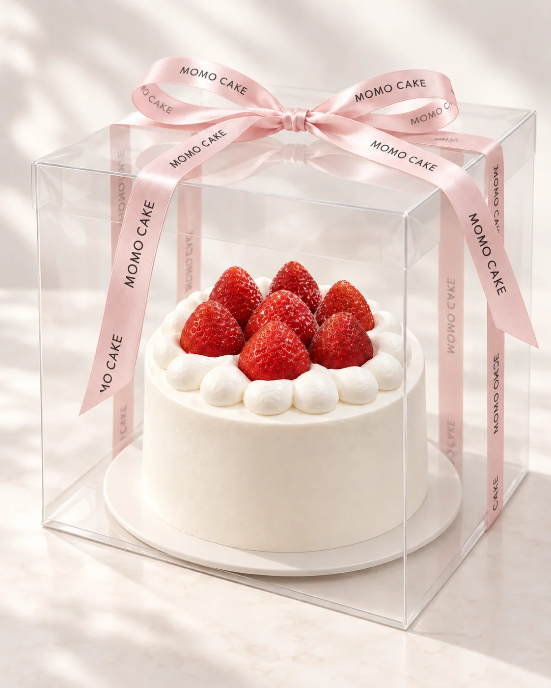 Strawberry fresh fruit cake in a clear gift box with a pink ribbon