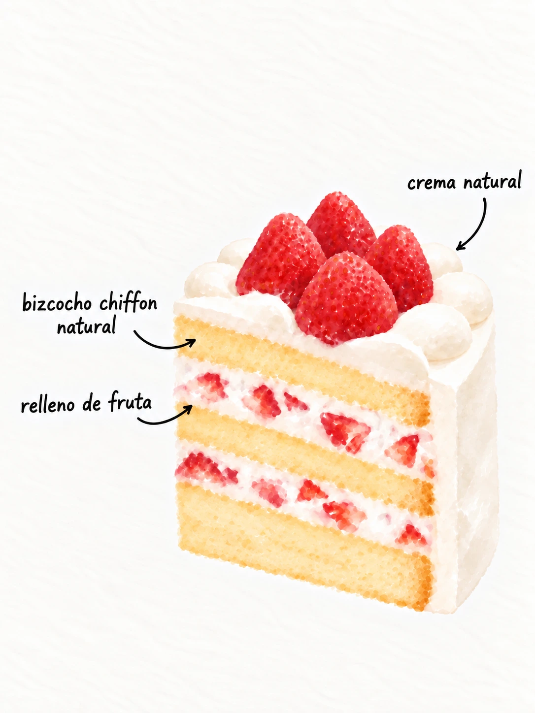 Pastel de fruta fresca — Ilustración de las capas del pastel — CREMA DE LECHE · BIZCOCHO CHIFFON NATURAL · FRUTA FRESCA