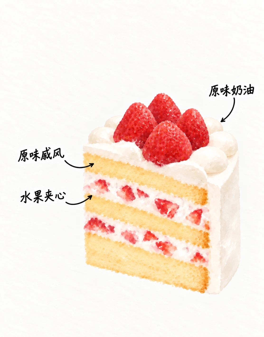 原味新鲜水果蛋糕 — 蛋糕分层示意图 — 新鲜奶油 · 原味戚风 · 新鲜水果