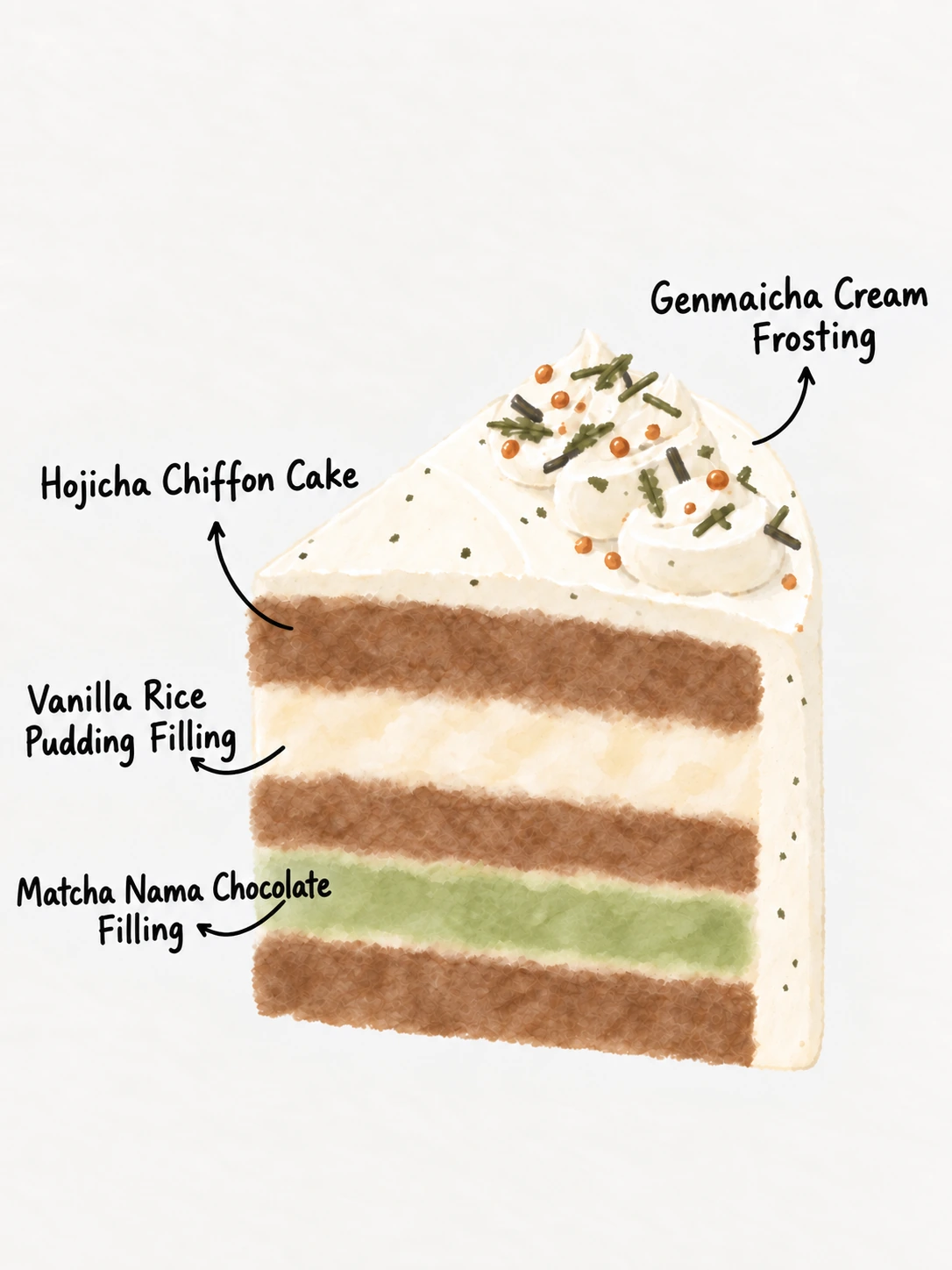 Kyoto San-cha — Cake layer illustration — GENMAICHA CREAM · HOJICHA CHIFFON · MATCHA GANACHE · RICE PUDDING