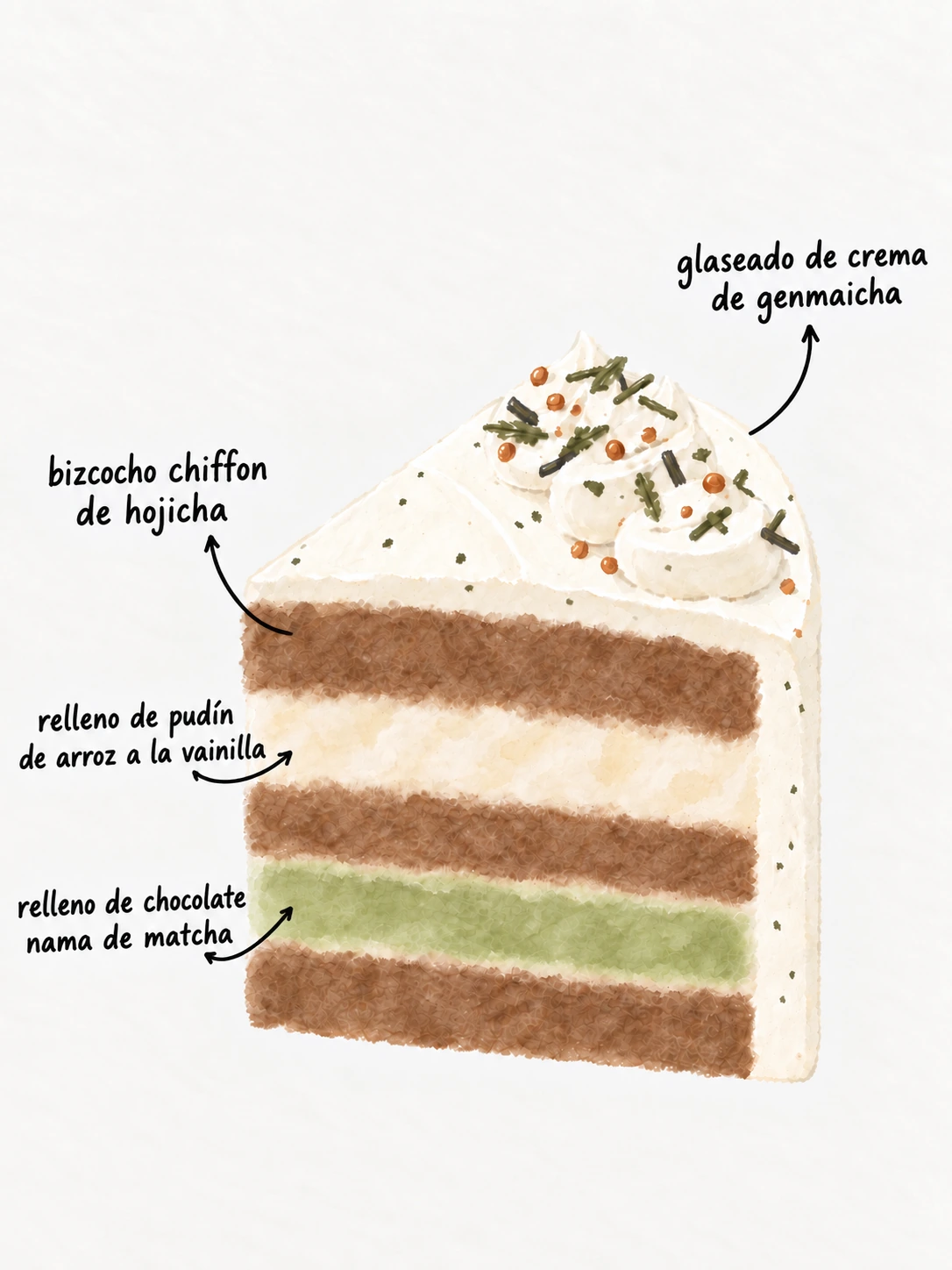 Tres tés de Kioto — Ilustración de las capas del pastel — CREMA DE GENMAICHA · BIZCOCHO CHIFFON DE HOJICHA · GANACHE DE MATCHA · ARROZ CON LECHE