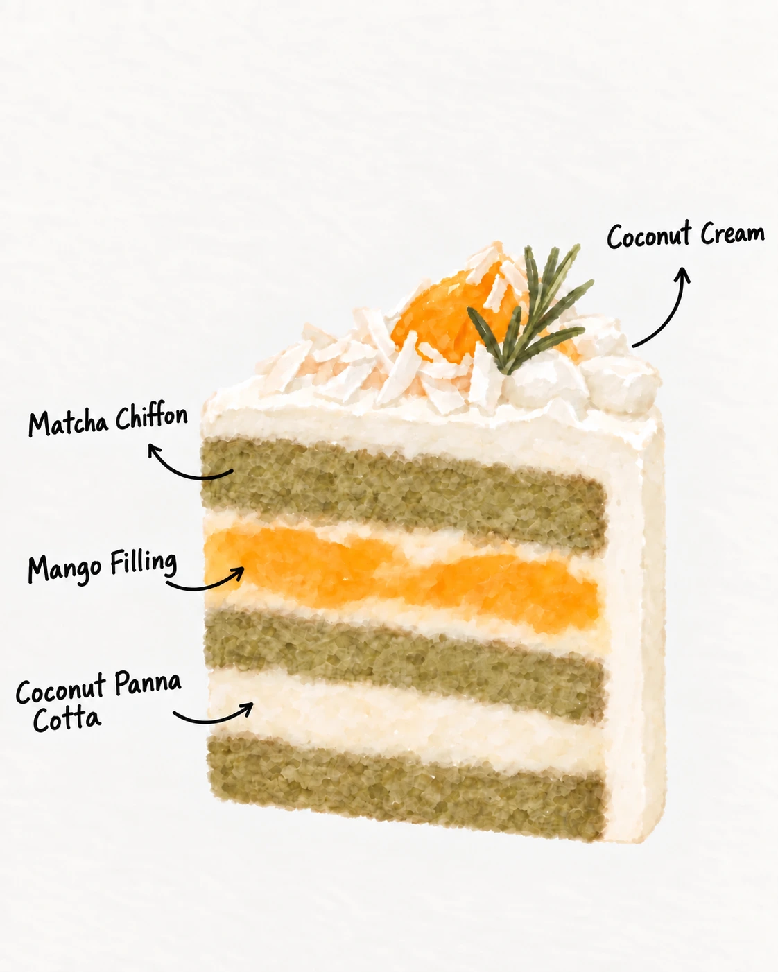 Coconut Mango — Cake layer illustration — COCONUT CREAM · FRESH MANGO · COCONUT PANNA COTTA · MATCHA CHIFFON