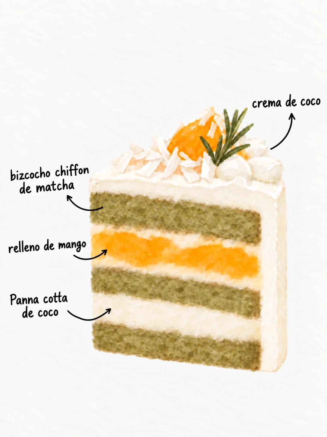 Coco y mango — Ilustración de las capas del pastel — CREMA DE COCO · MANGO FRESCO · PANNA COTTA DE COCO · BIZCOCHO CHIFFON DE MATCHA