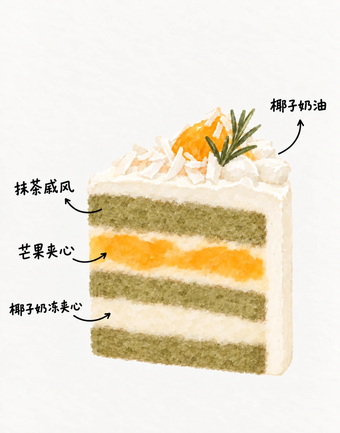 芒果椰椰 — 蛋糕分层示意图 — 椰子奶油 · 鲜芒果 · 椰子奶冻 · 抹茶戚风