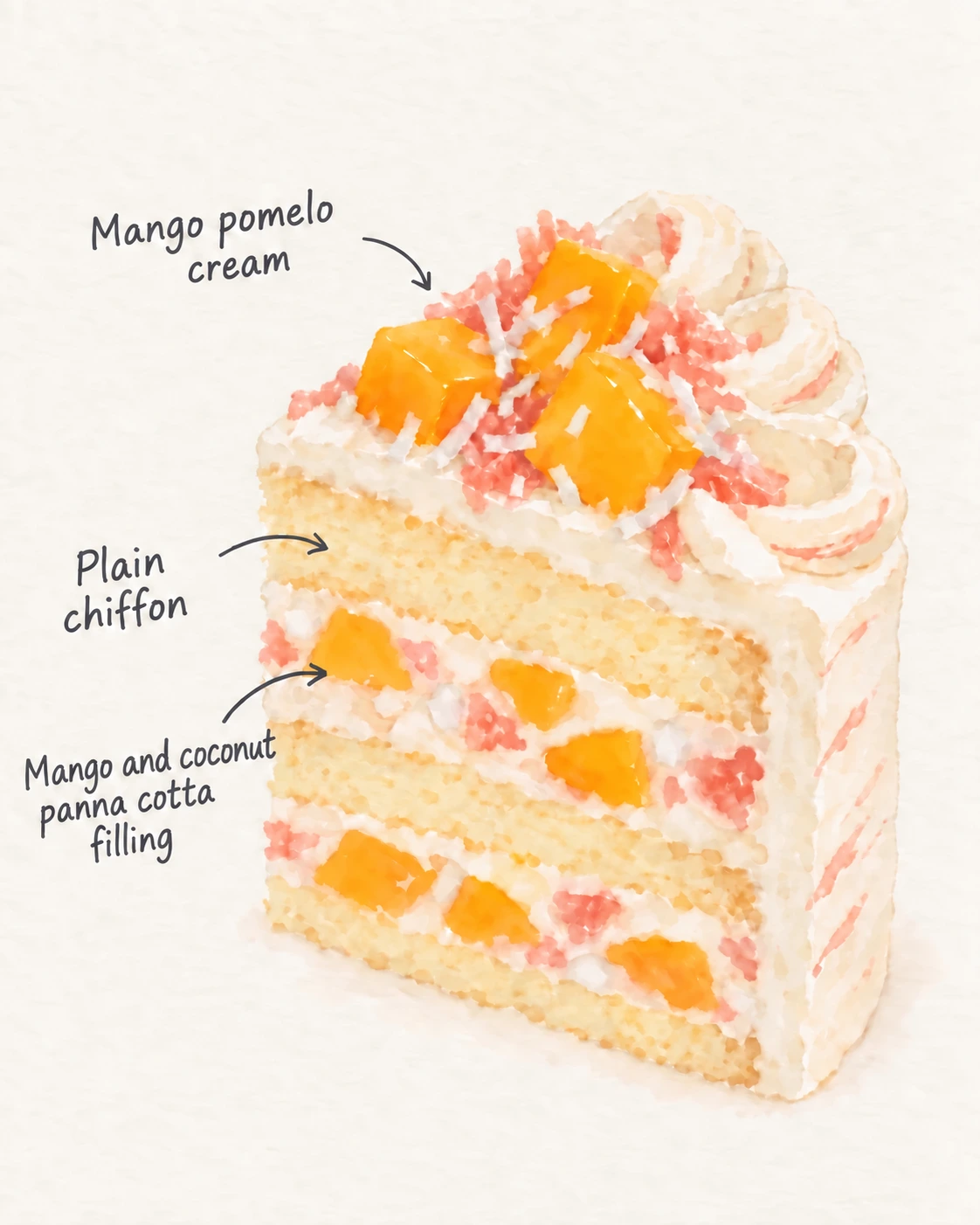 Mango Pomelo Coconut — Cake layer illustration — MANGO POMELO CREAM · PLAIN CHIFFON · MANGO AND COCONUT PANNA COTTA FILLING