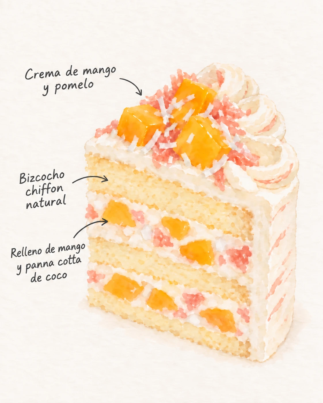 Mango, pomelo y coco — Ilustración de las capas del pastel — CREMA DE MANGO Y POMELO · BIZCOCHO CHIFFON NATURAL · RELLENO DE MANGO Y PANNA COTTA DE COCO