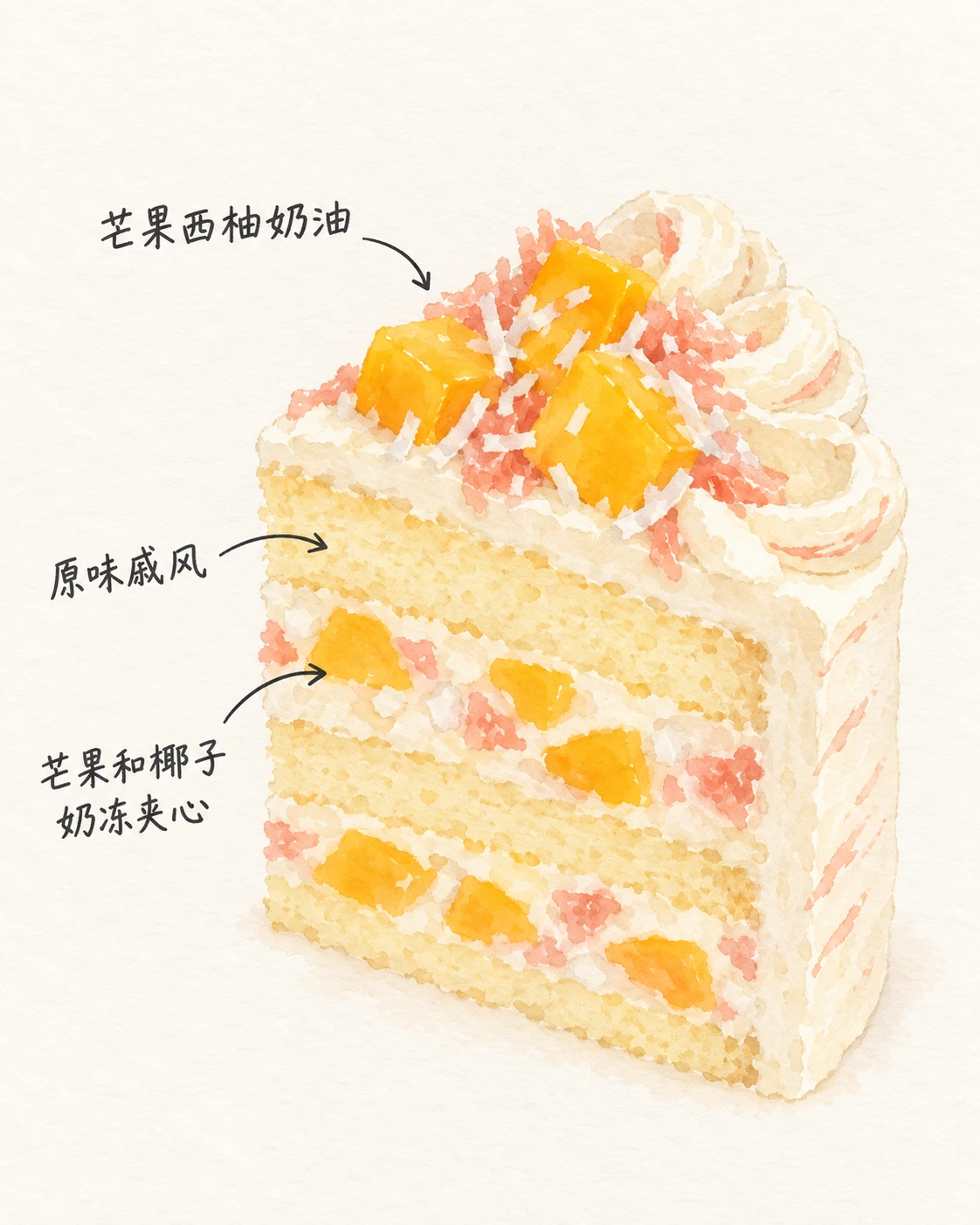 杨枝甘露 — 蛋糕分层示意图 — 芒果西柚奶油 · 原味戚风 · 芒果和椰子奶冻夹心