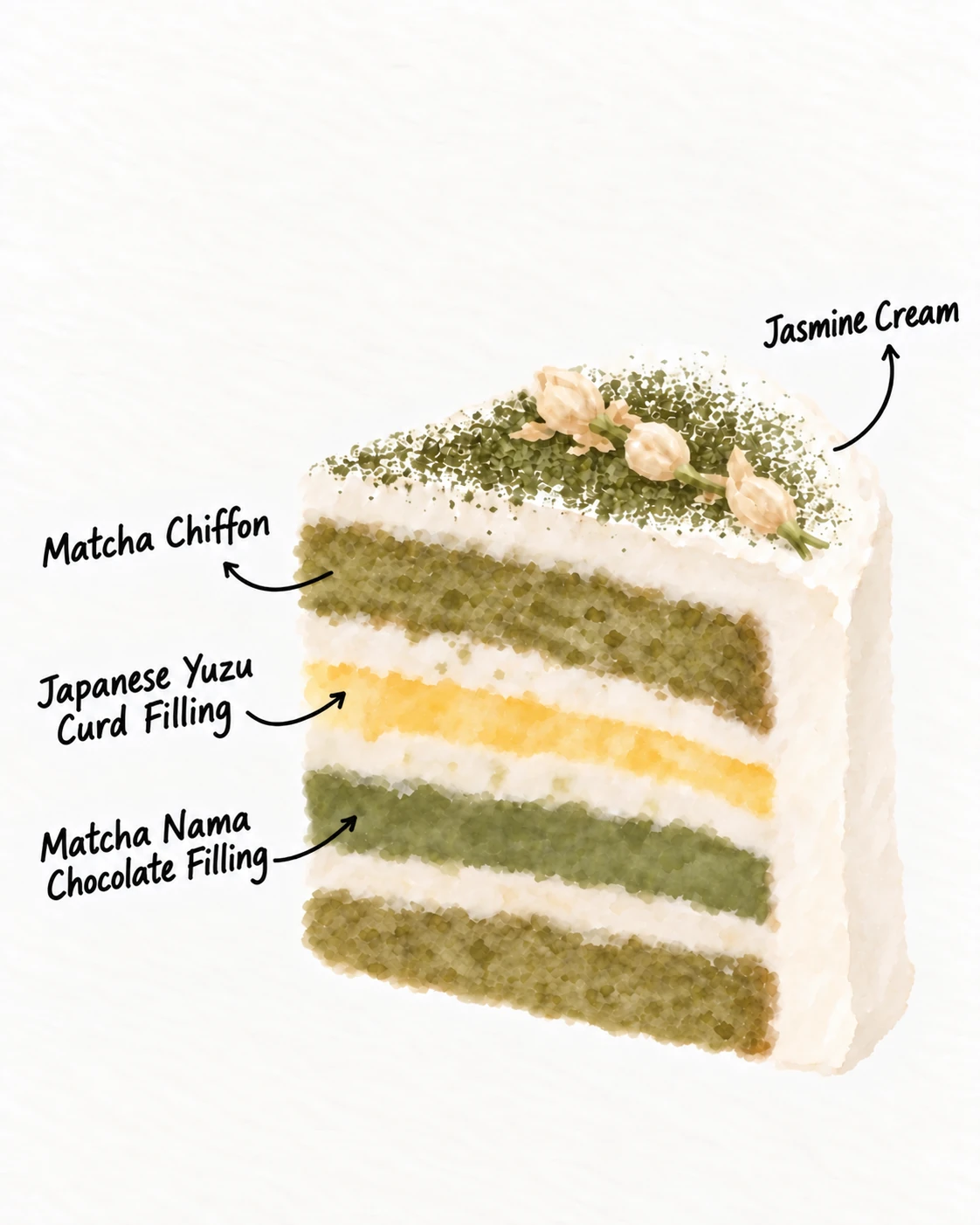 Matcha Jasmine Yuzu — Cake layer illustration — JASMINE CREAM · MATCHA CHIFFON · YUZU CURD · MATCHA GANACHE