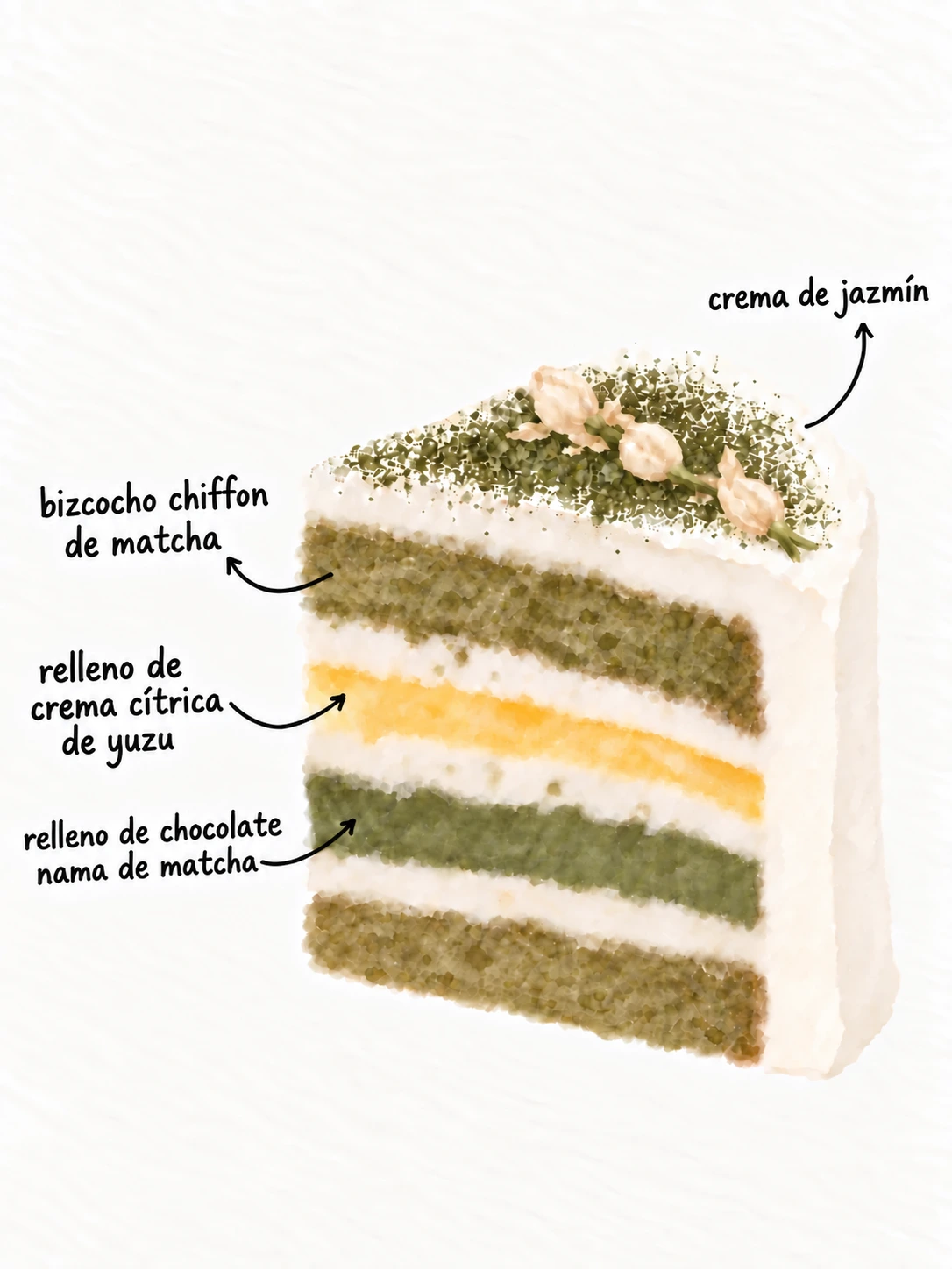 Matcha, jazmín y yuzu — Ilustración de las capas del pastel — CREMA DE JAZMÍN · BIZCOCHO CHIFFON DE MATCHA · CREMA CÍTRICA DE YUZU · GANACHE DE MATCHA