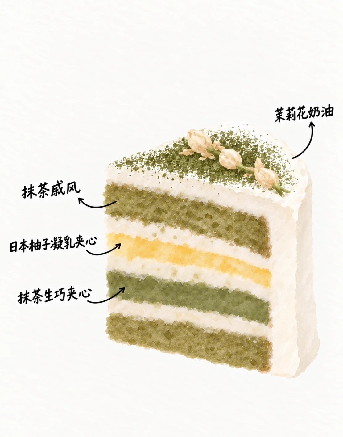 抹茶茉莉柚子 — 蛋糕分层示意图 — 茉莉奶油 · 抹茶戚风 · 柚子酱 · 抹茶生巧