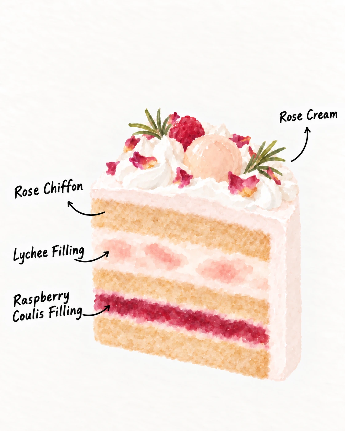 Rose Lychee Raspberry — Cake layer illustration — ROSE CREAM · ROSE CHIFFON · RASPBERRY JELLY · FRESH LYCHEE