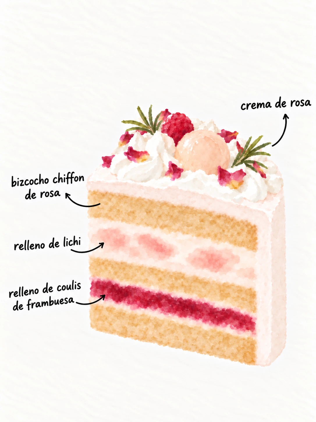 Rosa, lichi y frambuesa — Ilustración de las capas del pastel — CREMA DE ROSA · BIZCOCHO CHIFFON DE ROSA · GELATINA DE FRAMBUESA · LICHI FRESCO