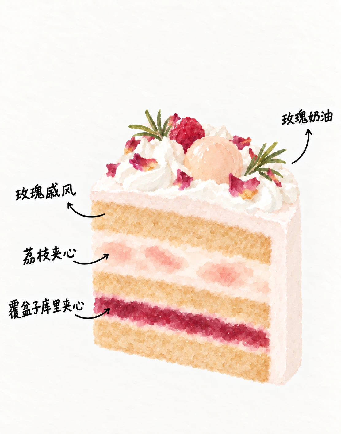 玫瑰荔枝覆盆子 — 蛋糕分层示意图 — 玫瑰奶油 · 玫瑰戚风 · 覆盆子冻 · 鲜荔枝夹心