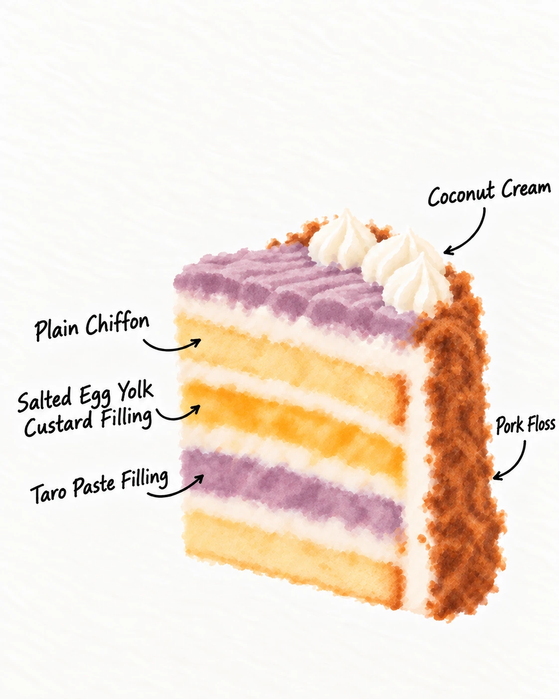 Taro Moon — Cake layer illustration — COCONUT CREAM · PORK FLOSS · SALTED YOLK CUSTARD · TARO PURÉE · PLAIN CHIFFON