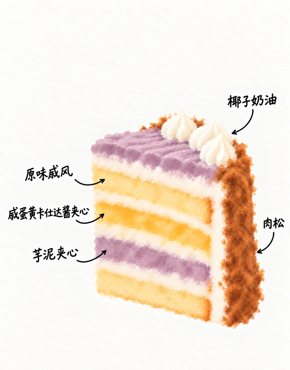 芋泥咸蛋黄肉松 — 蛋糕分层示意图 — 椰子奶油 · 肉松 · 咸蛋黄卡仕达 · 芋泥 · 原味戚风